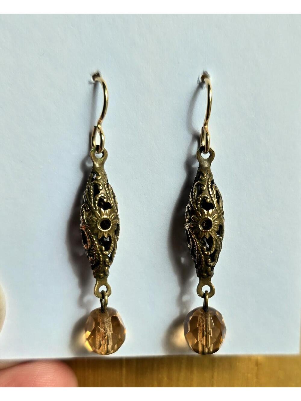 Vintage Brass Filigree and Faceted Champagne Crystal Earrings